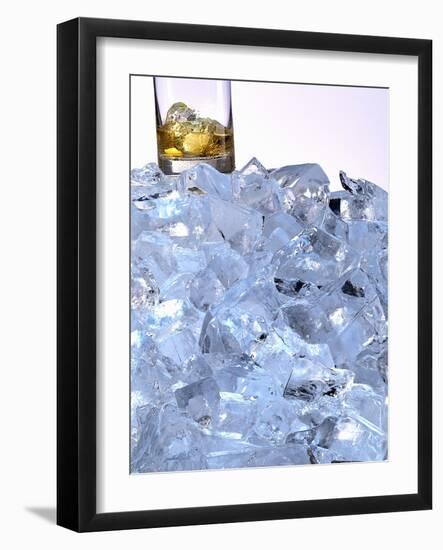 A Whiskey Glass on a Mountain of Ice Cubes-Michael Meisen-Framed Photographic Print