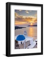 A white church with blue dome overlooking the Aegean Sea at sunset, Santorini, Cyclades-Ed Hasler-Framed Photographic Print