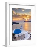 A white church with blue dome overlooking the Aegean Sea at sunset, Santorini, Cyclades-Ed Hasler-Framed Photographic Print