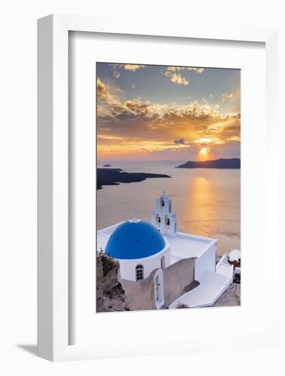 A white church with blue dome overlooking the Aegean Sea at sunset, Santorini, Cyclades-Ed Hasler-Framed Photographic Print