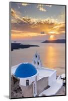 A white church with blue dome overlooking the Aegean Sea at sunset, Santorini, Cyclades-Ed Hasler-Mounted Photographic Print
