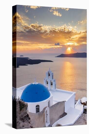 A white church with blue dome overlooking the Aegean Sea at sunset, Santorini, Cyclades-Ed Hasler-Stretched Canvas