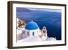 A white church with blue dome overlooking the Aegean Sea, Santorini, Cyclades-Ed Hasler-Framed Photographic Print