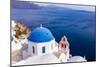 A white church with blue dome overlooking the Aegean Sea, Santorini, Cyclades-Ed Hasler-Mounted Photographic Print