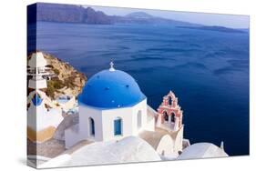 A white church with blue dome overlooking the Aegean Sea, Santorini, Cyclades-Ed Hasler-Stretched Canvas