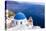 A white church with blue dome overlooking the Aegean Sea, Santorini, Cyclades-Ed Hasler-Stretched Canvas