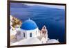 A white church with blue dome overlooking the Aegean Sea, Santorini, Cyclades-Ed Hasler-Framed Photographic Print