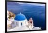 A white church with blue dome overlooking the Aegean Sea, Santorini, Cyclades-Ed Hasler-Framed Photographic Print