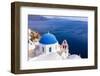 A white church with blue dome overlooking the Aegean Sea, Santorini, Cyclades-Ed Hasler-Framed Photographic Print