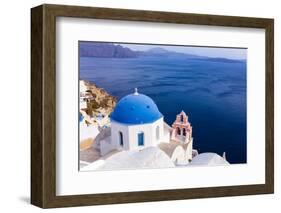 A white church with blue dome overlooking the Aegean Sea, Santorini, Cyclades-Ed Hasler-Framed Photographic Print