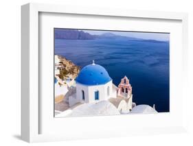 A white church with blue dome overlooking the Aegean Sea, Santorini, Cyclades-Ed Hasler-Framed Photographic Print