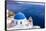 A white church with blue dome overlooking the Aegean Sea, Santorini, Cyclades-Ed Hasler-Framed Stretched Canvas