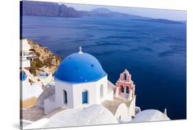 A white church with blue dome overlooking the Aegean Sea, Santorini, Cyclades-Ed Hasler-Stretched Canvas