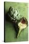 A Whole and a Half Artichoke on Green Background-Studio DHS-Stretched Canvas