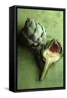 A Whole and a Half Artichoke on Green Background-Studio DHS-Framed Stretched Canvas