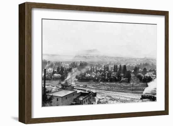 A Winter Aerial View of City - Missoula, MT-Lantern Press-Framed Art Print