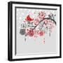 A Winter Branch with a Bird and falling Snow. Red and Grey Colors-Alisa Foytik-Framed Art Print