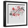 A Winter Branch with a Bird and falling Snow. Red and Grey Colors-Alisa Foytik-Framed Art Print