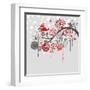 A Winter Branch with a Bird and falling Snow. Red and Grey Colors-Alisa Foytik-Framed Art Print