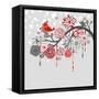 A Winter Branch with a Bird and falling Snow. Red and Grey Colors-Alisa Foytik-Framed Stretched Canvas