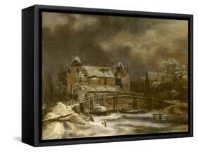A Winter Landscape with Buildings by a Footbridge-Herri Met De Bles-Framed Stretched Canvas