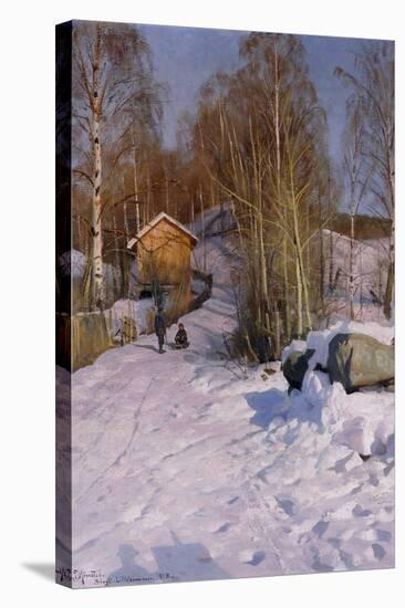 A Winter Landscape with Children Sledging-Peder Mork Monsted-Stretched Canvas