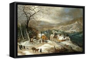 A Winter Landscape, with Figures on a Road by a Village-Joos or Josse de, The Younger Momper-Framed Stretched Canvas