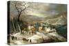 A Winter Landscape, with Figures on a Road by a Village-Joos or Josse de, The Younger Momper-Stretched Canvas