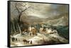 A Winter Landscape, with Figures on a Road by a Village-Joos or Josse de, The Younger Momper-Framed Stretched Canvas