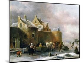 A Winter Landscape with Numerous Figures on a Frozen River Outside the Town Walls-Claes Molenaer-Mounted Giclee Print