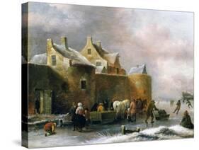 A Winter Landscape with Numerous Figures on a Frozen River Outside the Town Walls-Claes Molenaer-Stretched Canvas