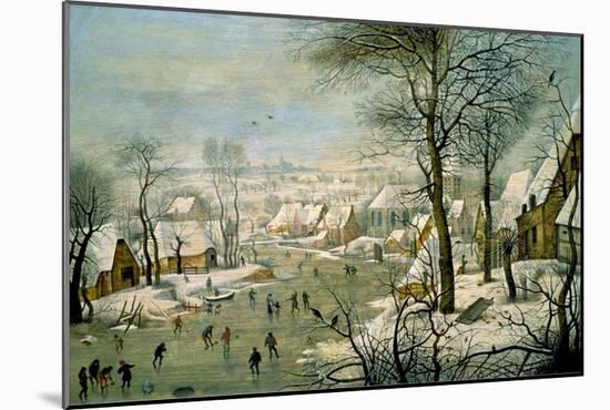 A Winter Landscape with Skaters and a Bird Trap-Pieter Brueghel the Younger-Mounted Art Print