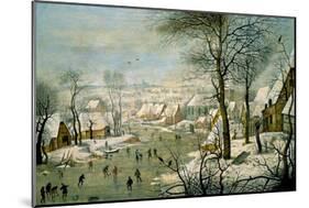 A Winter Landscape with Skaters and a Bird Trap-Pieter Brueghel the Younger-Mounted Art Print