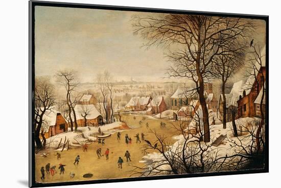 A Winter Landscape with Skaters and a Bird Trap-Pieter Brueghel the Younger-Mounted Giclee Print