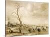 A Winter Landscape with Townsfolk Skating and Playing Kolf on a Frozen River, a Town Beyond-Aert van der Neer-Stretched Canvas