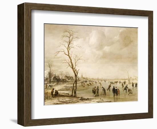 A Winter Landscape with Townsfolk Skating and Playing Kolf on a Frozen River, a Town Beyond-Aert van der Neer-Framed Giclee Print