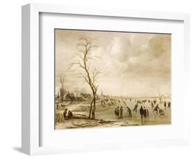 A Winter Landscape with Townsfolk Skating and Playing Kolf on a Frozen River, a Town Beyond-Aert van der Neer-Framed Giclee Print