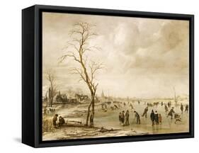 A Winter Landscape with Townsfolk Skating and Playing Kolf on a Frozen River, a Town Beyond-Aert van der Neer-Framed Stretched Canvas