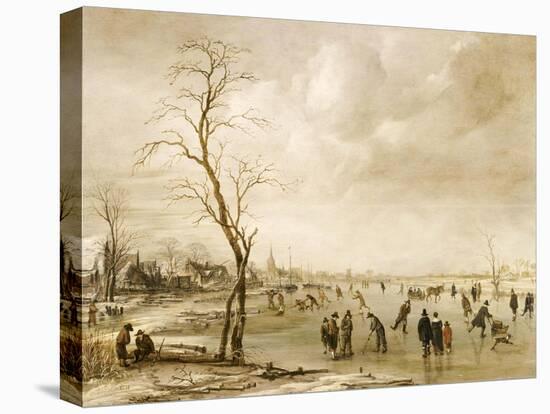 A Winter Landscape with Townsfolk Skating and Playing Kolf on a Frozen River, a Town Beyond-Aert van der Neer-Stretched Canvas