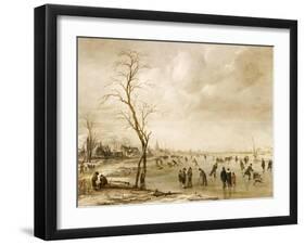 A Winter Landscape with Townsfolk Skating and Playing Kolf on a Frozen River, a Town Beyond-Aert van der Neer-Framed Giclee Print