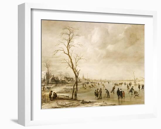 A Winter Landscape with Townsfolk Skating and Playing Kolf on a Frozen River, a Town Beyond-Aert van der Neer-Framed Giclee Print