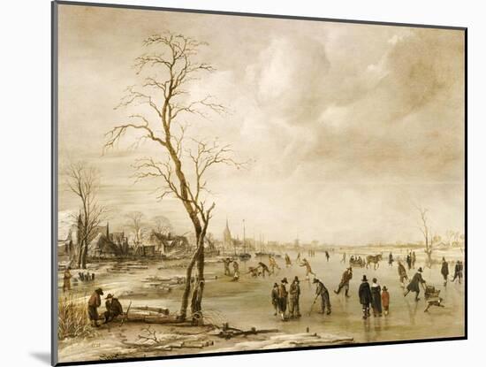 A Winter Landscape with Townsfolk Skating and Playing Kolf on a Frozen River, a Town Beyond-Aert van der Neer-Mounted Giclee Print