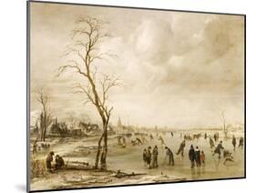 A Winter Landscape with Townsfolk Skating and Playing Kolf on a Frozen River, a Town Beyond-Aert van der Neer-Mounted Giclee Print