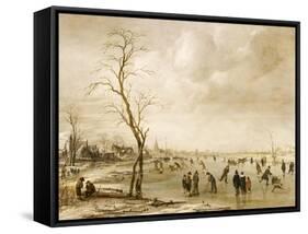 A Winter Landscape with Townsfolk Skating and Playing Kolf on a Frozen River, a Town Beyond-Aert van der Neer-Framed Stretched Canvas