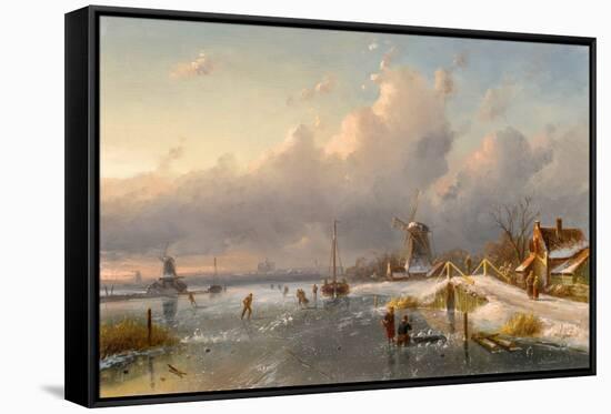 A Winter Landscape with Windmills and Skaters on a Frozen Waterway, 1840S-50S (Oil on Panel)-Charles-Henri-Joseph Leickert-Framed Stretched Canvas