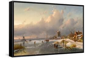 A Winter Landscape with Windmills and Skaters on a Frozen Waterway, 1840S-50S (Oil on Panel)-Charles-Henri-Joseph Leickert-Framed Stretched Canvas