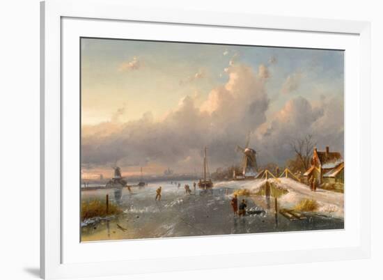 A Winter Landscape with Windmills and Skaters on a Frozen Waterway, 1840S-50S (Oil on Panel)-Charles-Henri-Joseph Leickert-Framed Giclee Print