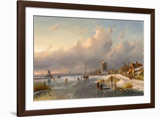 A Winter Landscape with Windmills and Skaters on a Frozen Waterway, 1840S-50S (Oil on Panel)-Charles-Henri-Joseph Leickert-Framed Giclee Print