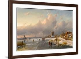 A Winter Landscape with Windmills and Skaters on a Frozen Waterway, 1840S-50S (Oil on Panel)-Charles-Henri-Joseph Leickert-Framed Giclee Print