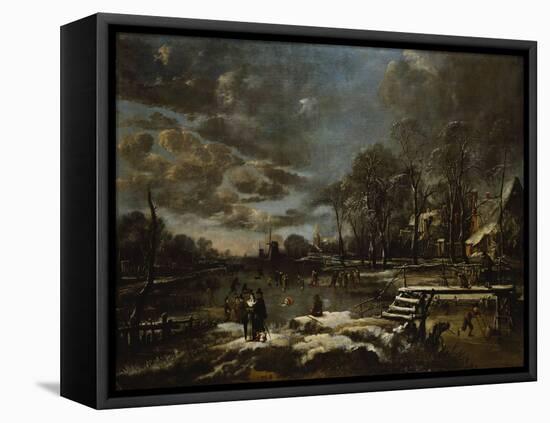 A Winter River Landscape with Figures Playing Golf and Skating-Jan Brueghel the Elder-Framed Stretched Canvas